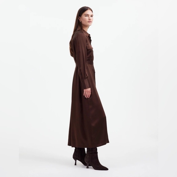 Madewell 100% Silk Chocolate brown Midi Statement Shirtdress - Picture 2 of 4
